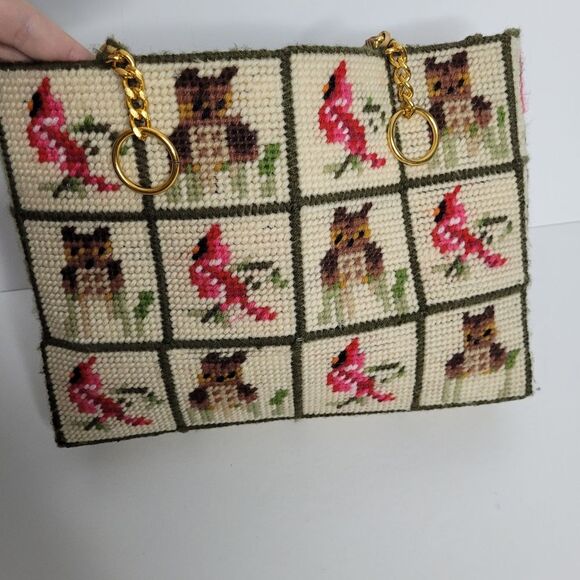 Retro Cardinal Owl Needle Point Cross Stitch Patchwork Quirky Tote Bag - Picture 2 of 8